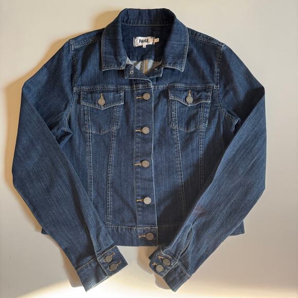 Paige Denim Jean Jacket Dark Wash Womens Large Trucker Western Biker EUC Boho - Picture 4 of 14